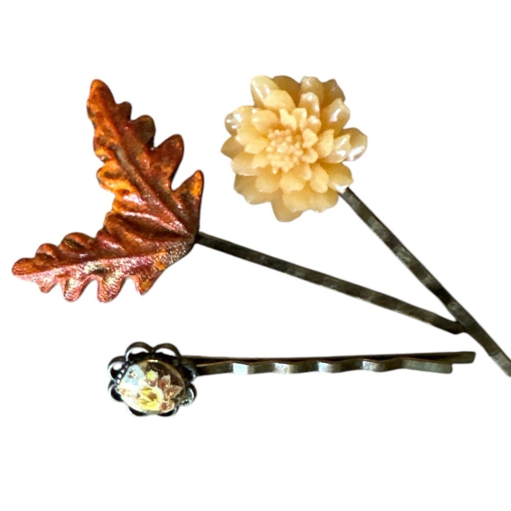 Handmade  Orange Leaf Flower Hairpin Set of 3 Vintage Inspired Hair Accessories